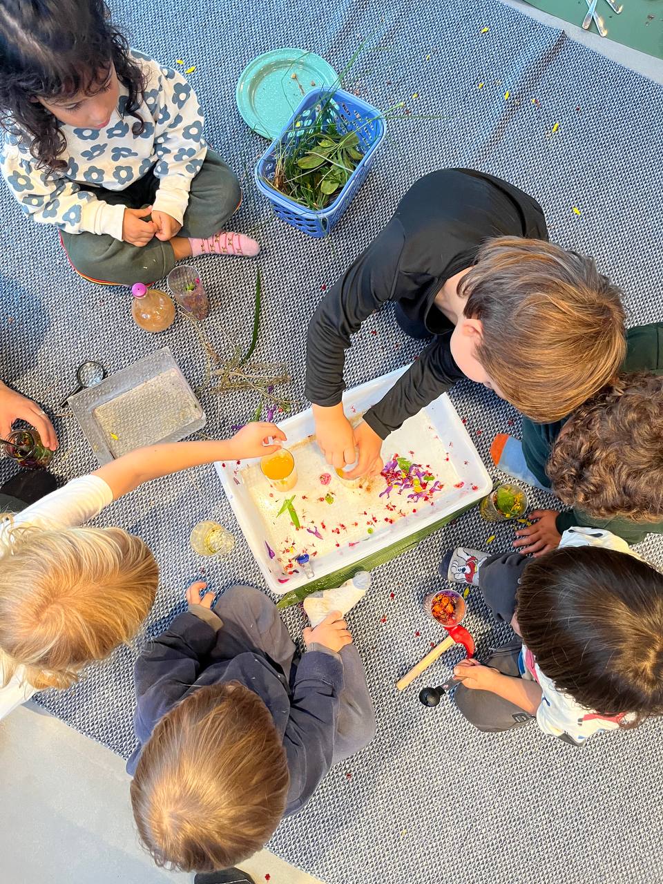 Niños y niñas explorando texturas, colores y elementos naturales con lupas