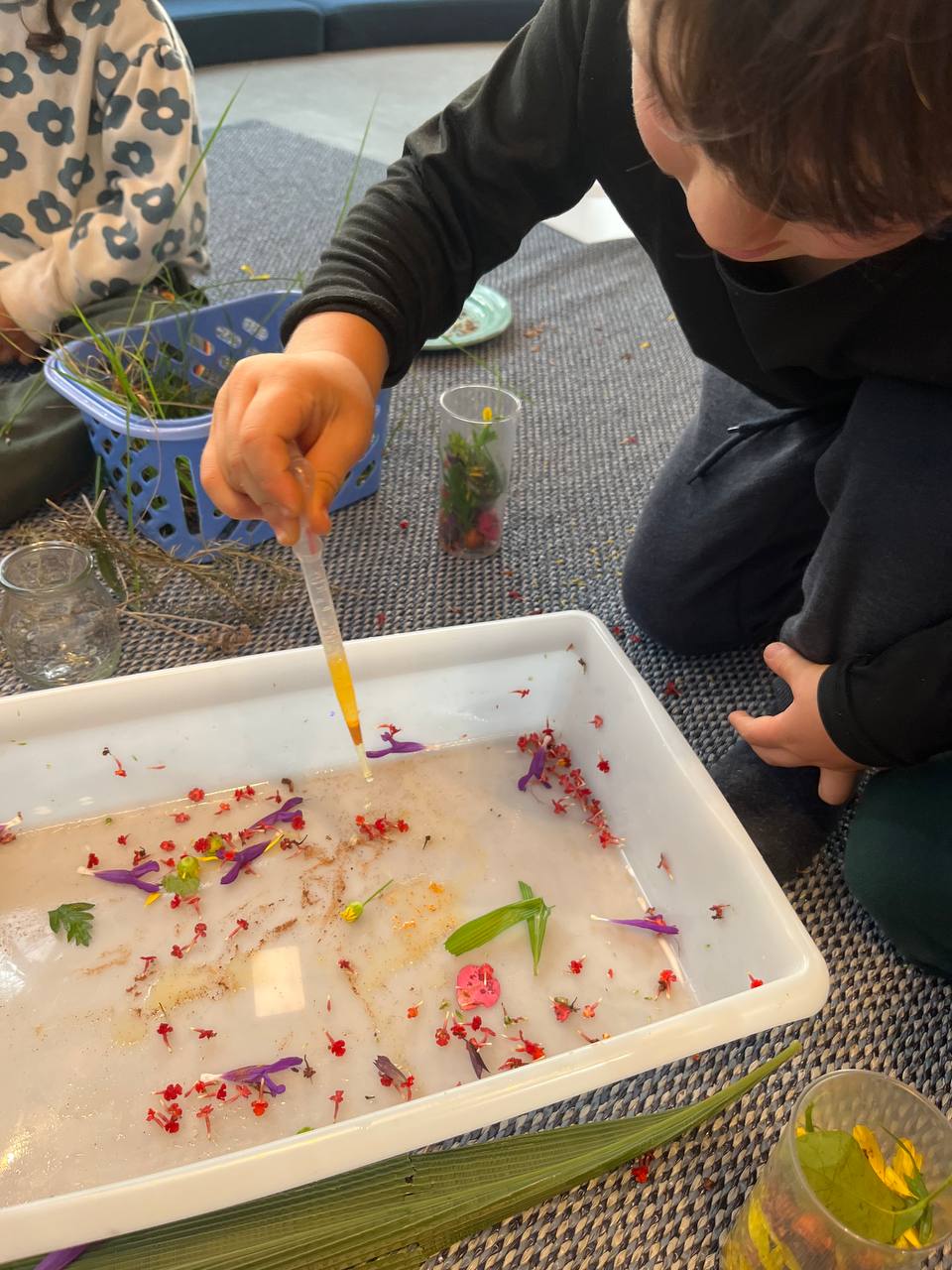 Niños y niñas explorando texturas, colores y elementos naturales con lupas