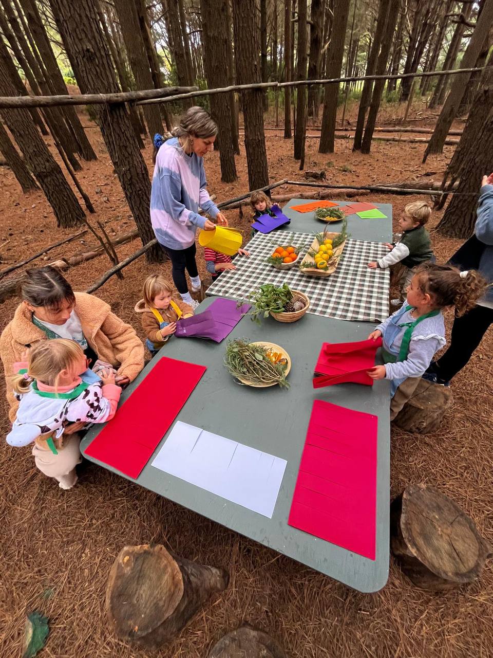 Mesa en el bosque con materiales naturales y papeles de colores