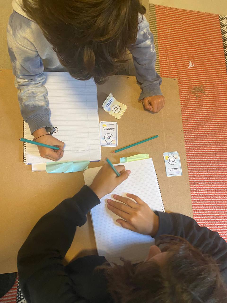 Registro visual sesión 7: continuidad de los títeres de fieltro agujado y escritura de escenas en grupos a partir de tarjetas de lugares, objetos y frases.