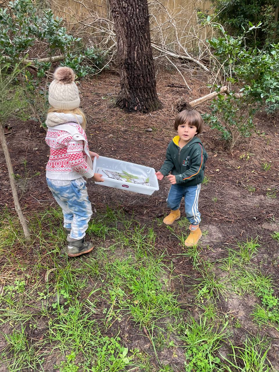 Exploración al aire libre, observación y recolección de elementos naturales, producción plástica con hojas y momentos de juego y movimiento.