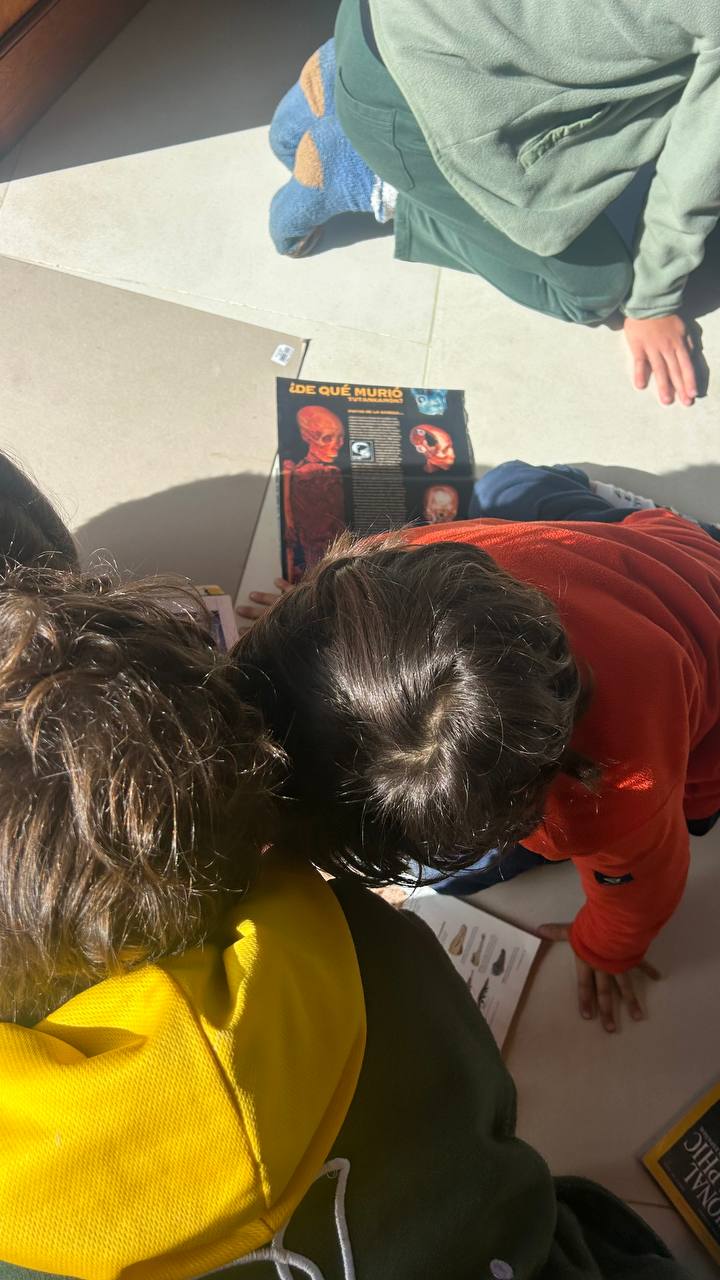 Registro visual de la investigación sobre países y continentes: búsqueda con libros y ChatGPT, elaboración de dibujos y mapas, y encuentro grupal al aire libre.