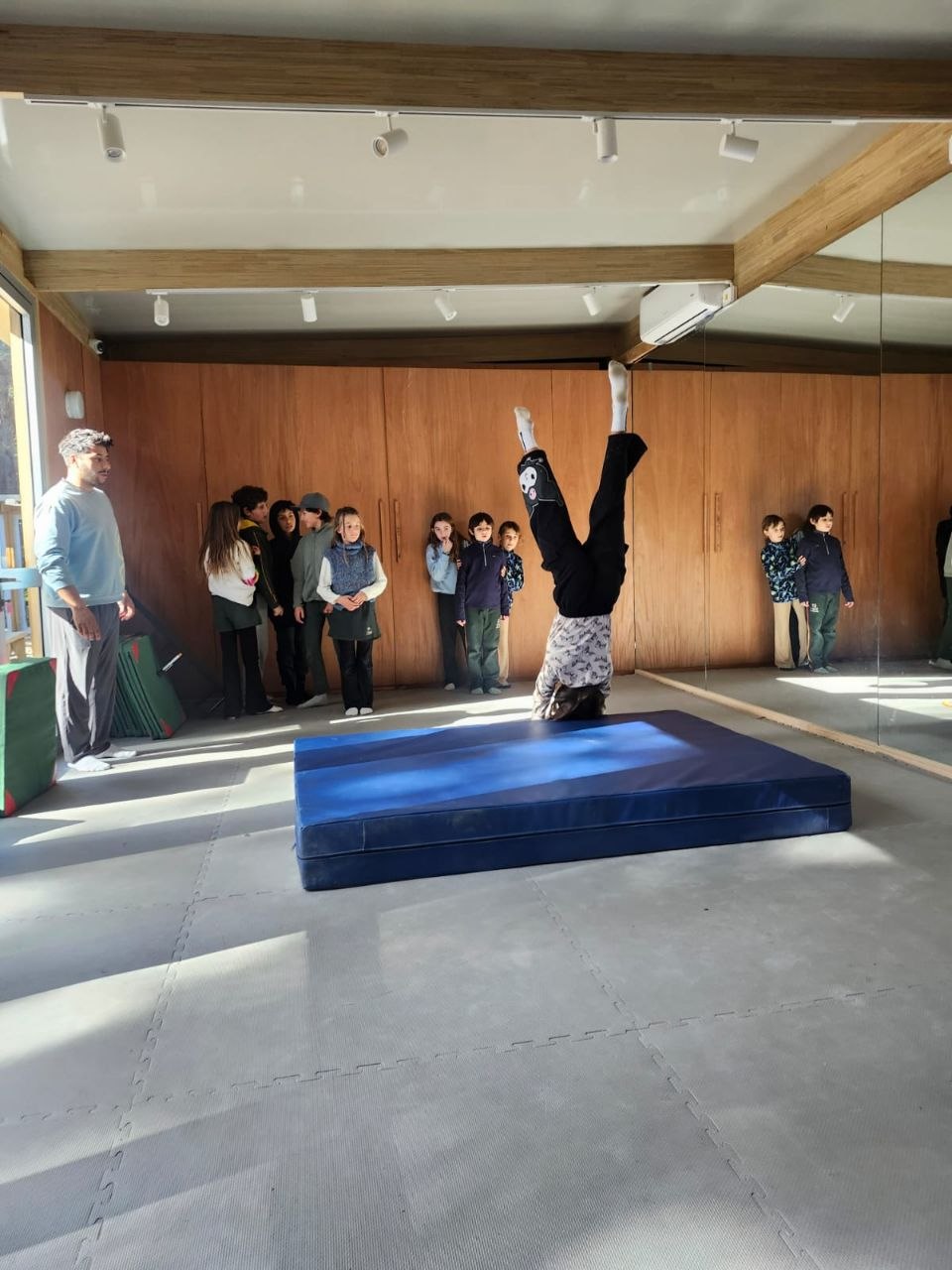 Registro visual de la sesión de gimnasia en sala: prácticas de roles, movimientos invertidos y desplazamientos sobre colchonetas.
