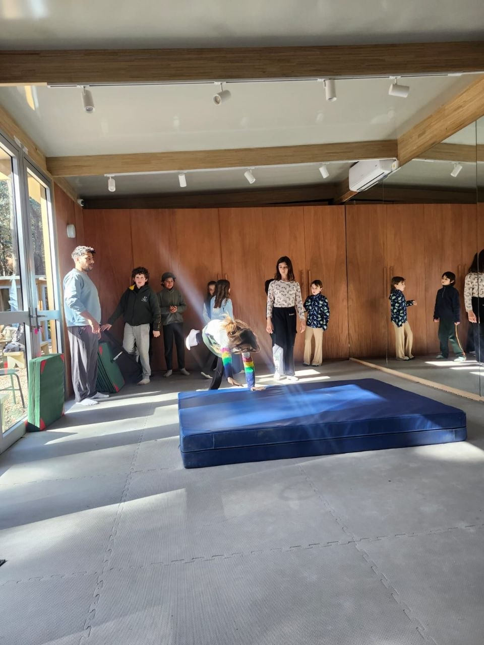 Registro visual de la sesión de gimnasia en sala: prácticas de roles, movimientos invertidos y desplazamientos sobre colchonetas.