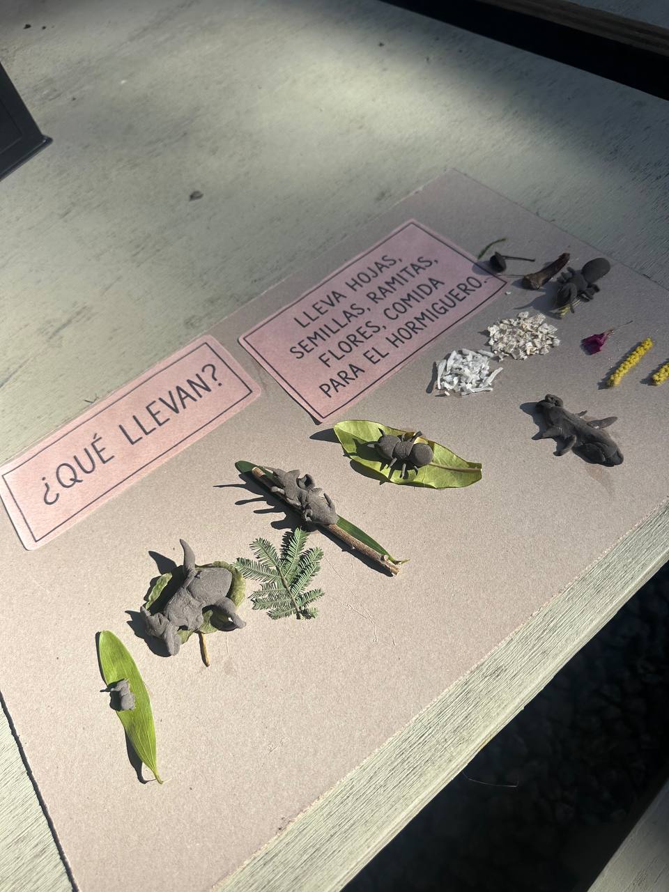 Los niños crean hormigas y hormigueros con arcilla, hojas, ramitas y otros elementos de la naturaleza para el libro colectivo.