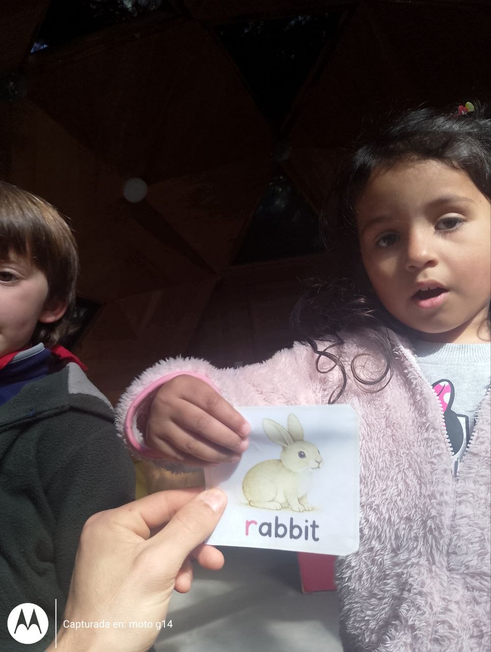 Casa de niños A y B: actividad con tarjetas de vocabulario en inglés (incluida rabbit), ronda de presentación y juego libre con bloques.