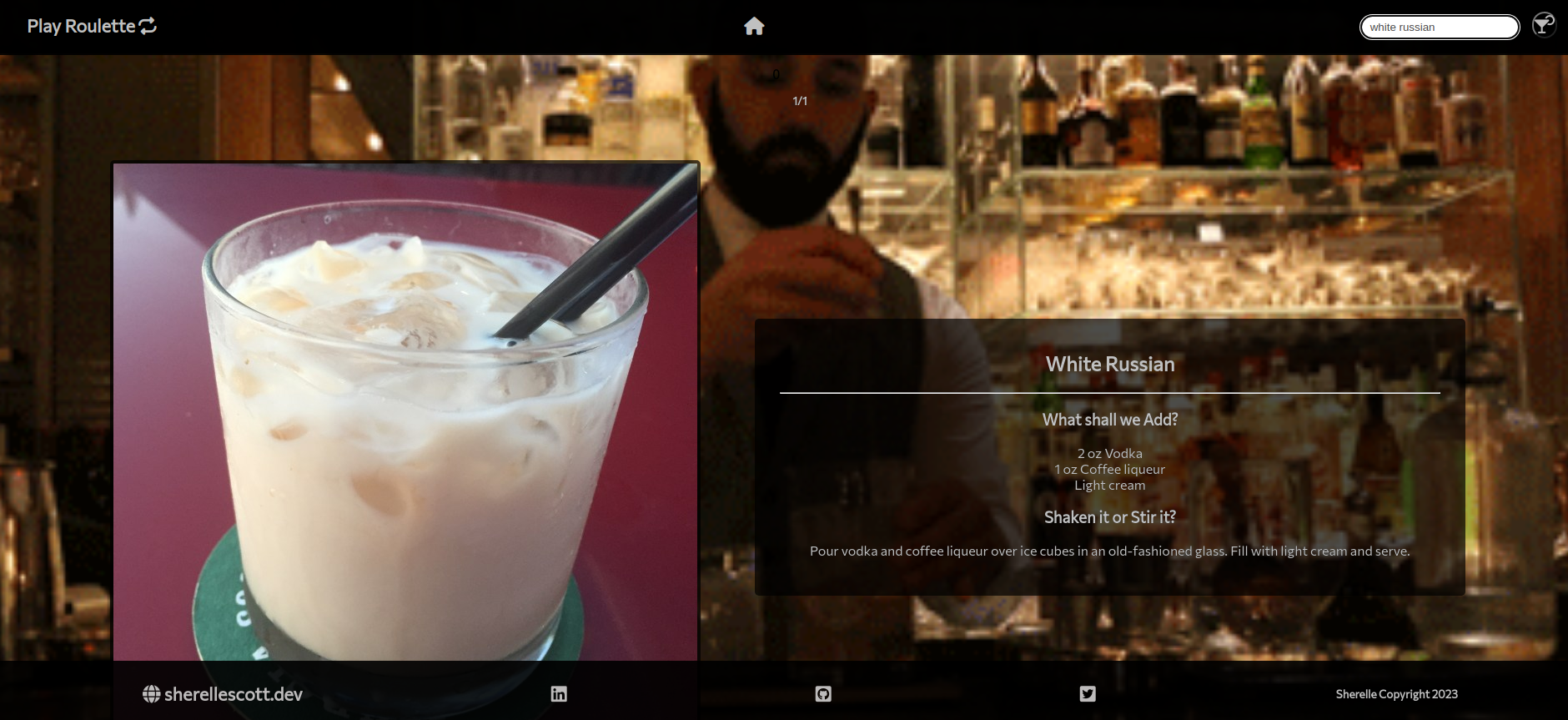 Screenshots of Cocktail Roulette website