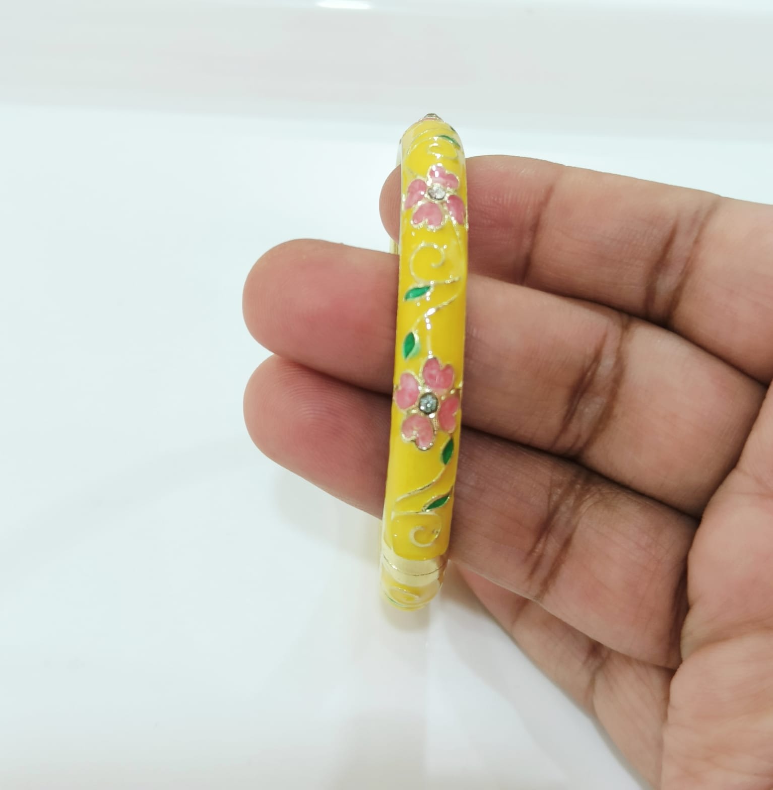 Yellow Pink Flower Single Bangle | Size 2.6