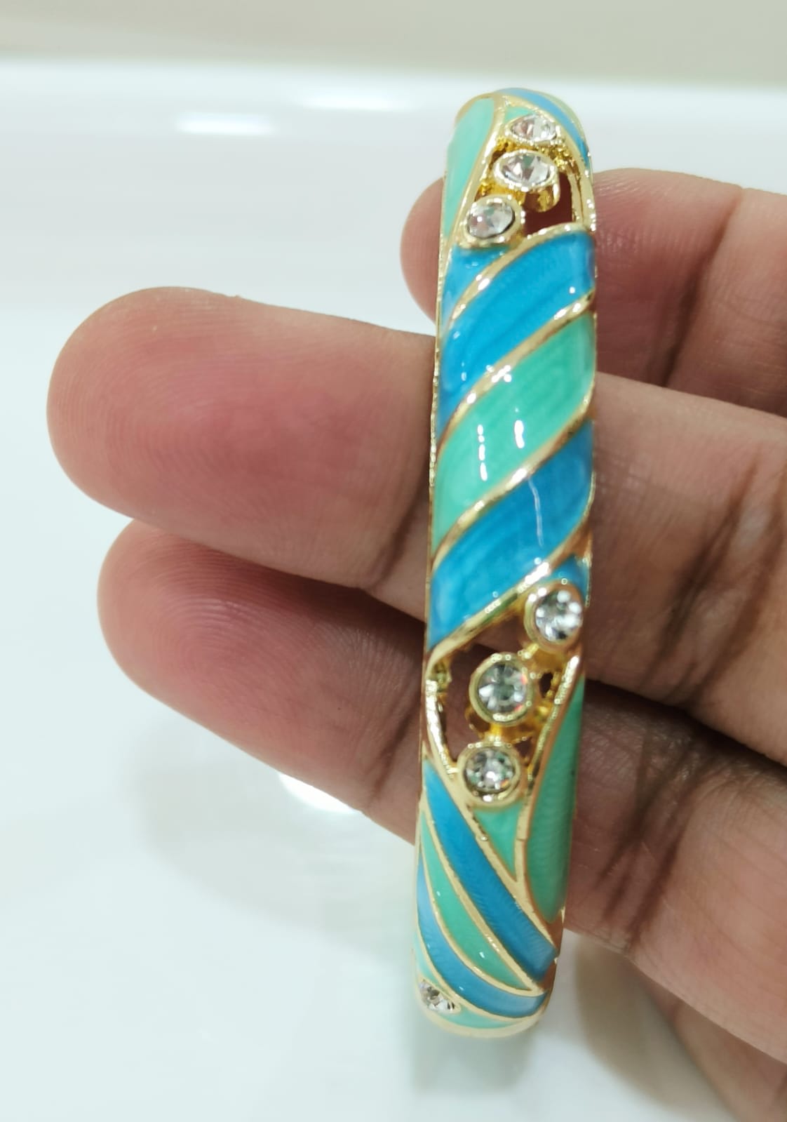 Blue and Sky Blue Strpes with Stone Single Bangle | Size 2.6