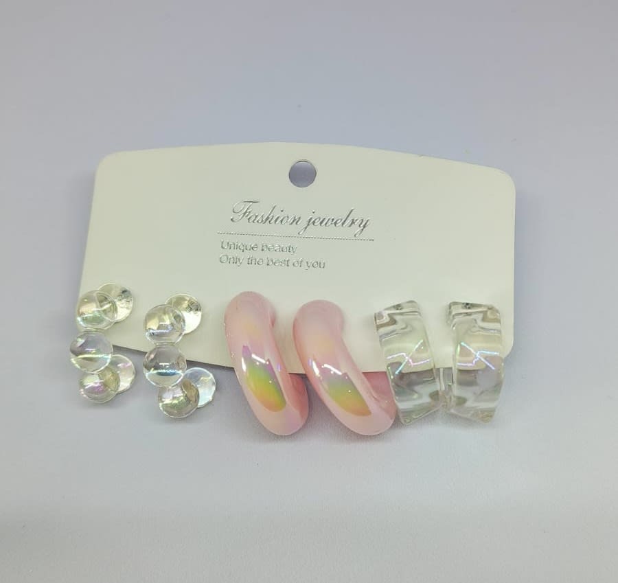 Trendy Marble Hoop Earring Set (Pink, White)