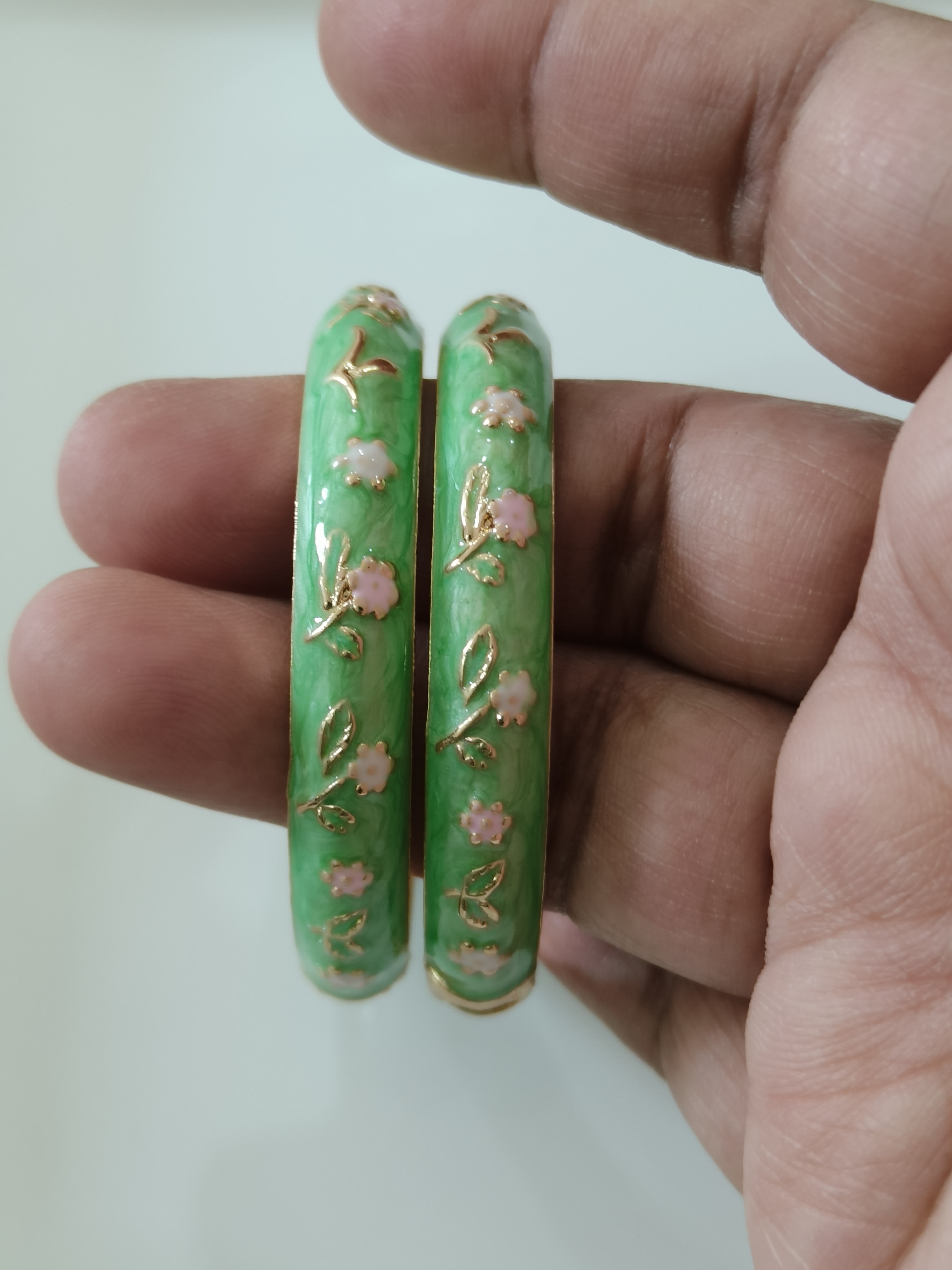 Pista Green with pink flower Single Bangle| Size 2.2
