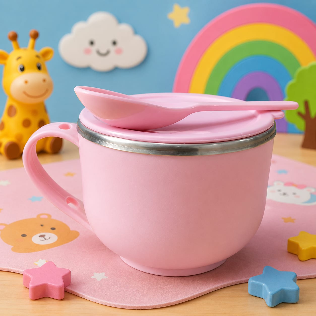 Premium Insulated Maggi Bowl with Spoon & Lid BABY PINK 700ml 