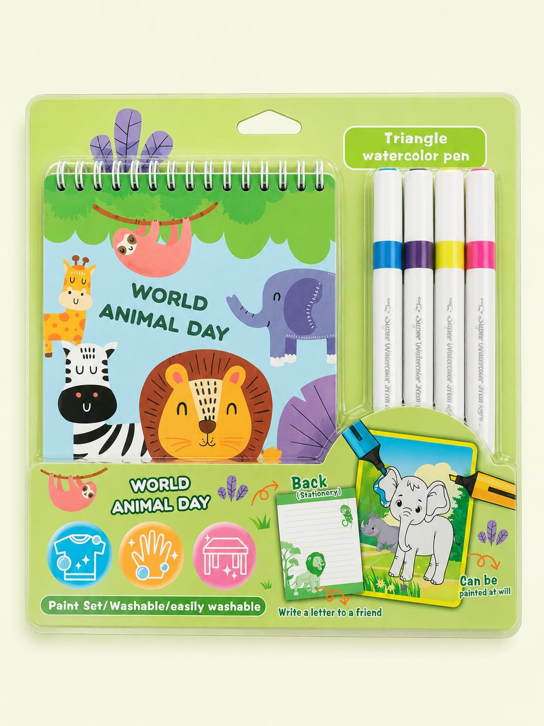 Kids Watercolor Painting & Coloring Kit with Mini Sketchbook & 4 Washable Markers - Animal Day
