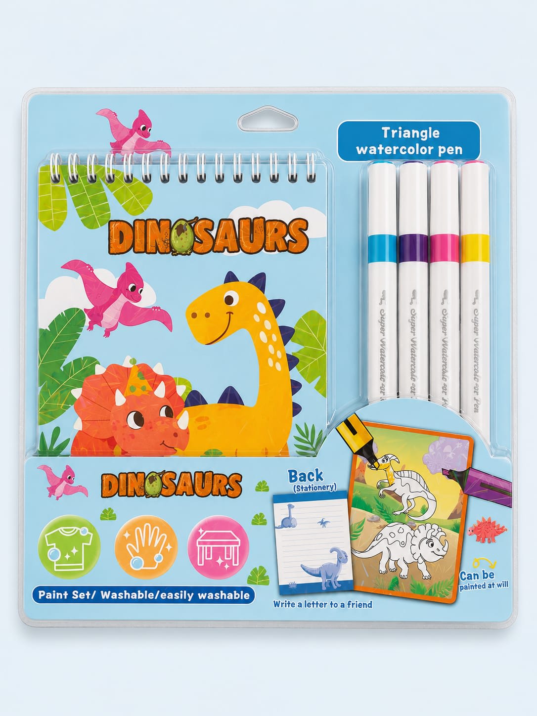 Kids Watercolor Painting & Coloring Kit with Mini Sketchbook & 4 Washable Markers - Dinosaurs