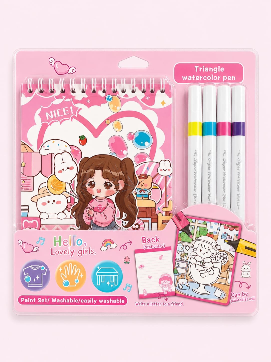Kids Watercolor Painting & Coloring Kit with Mini Sketchbook & 4 Washable Markers - Lovely Girl