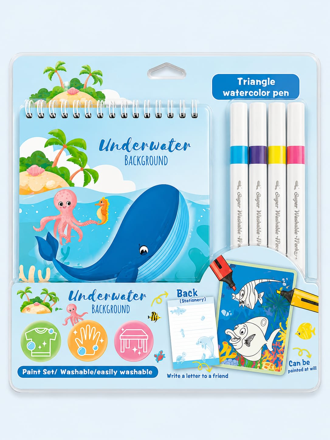 Kids Watercolor Painting & Coloring Kit with Mini Sketchbook & 4 Washable Markers - Dolphin