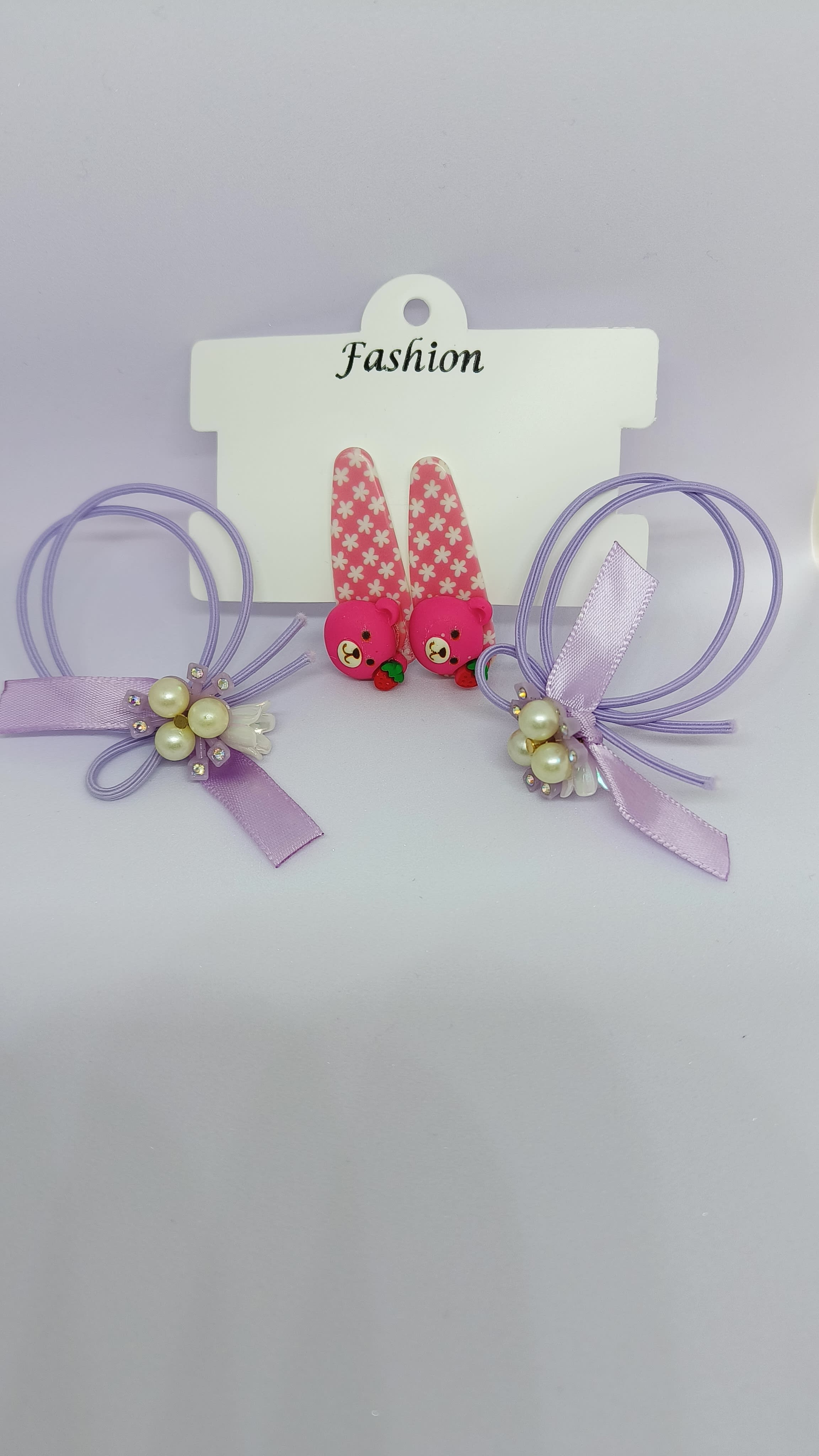 Pink Bear Clip Set with Purple Band Set 