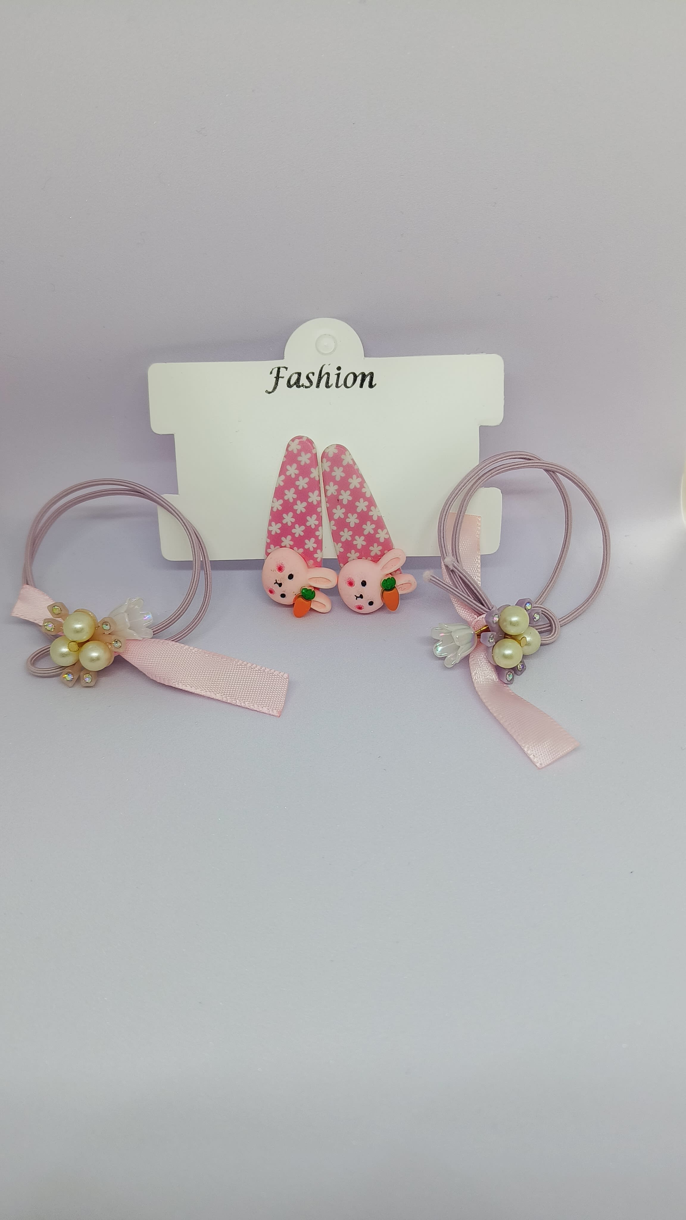 Pink Bunny Clip Set with Purple Band Set 
