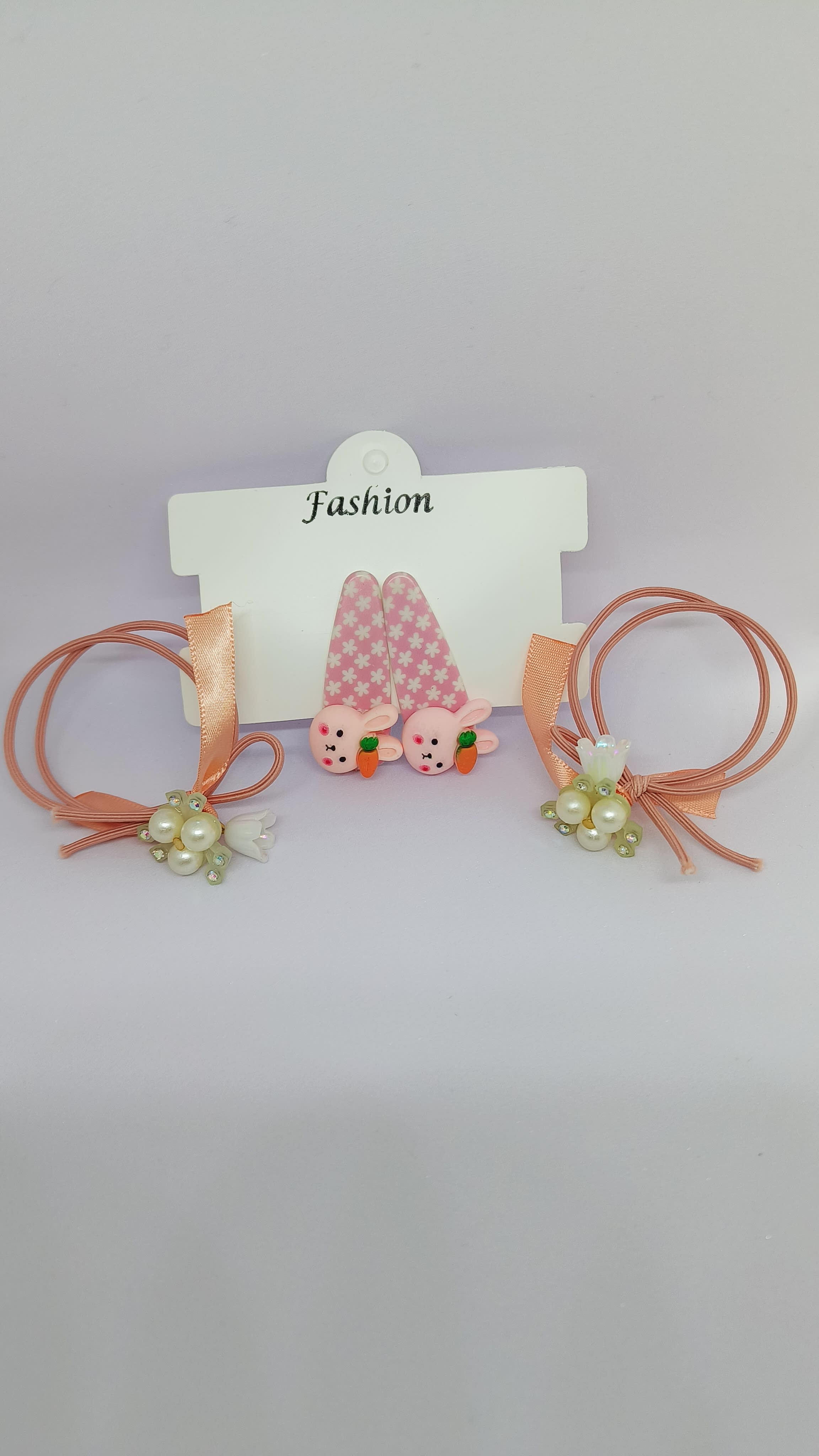 Pink Bunny Clip Set with Peach Band Set 