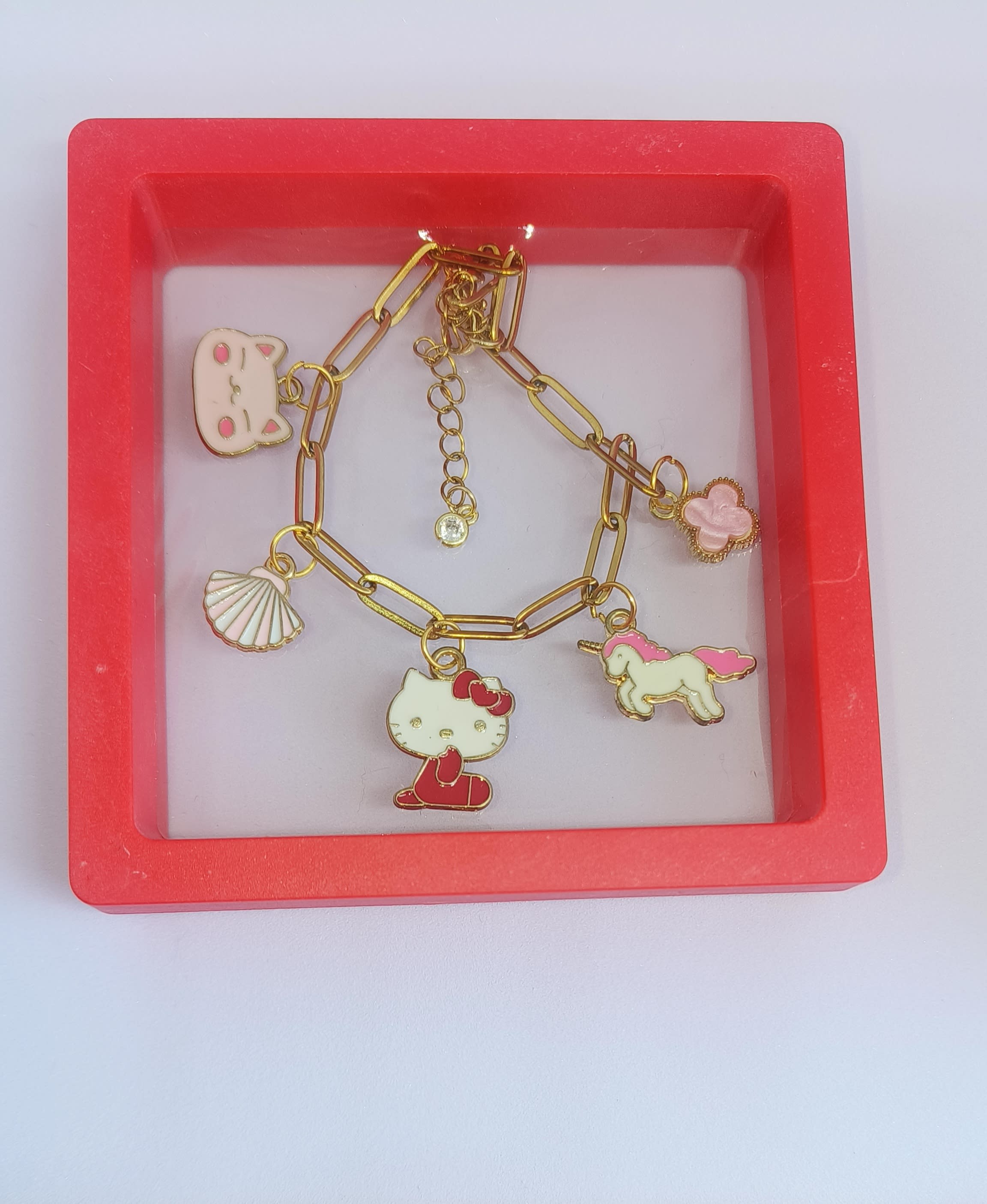 Five Cute Enamel Charms Bracelet Red kitty pink unicorn