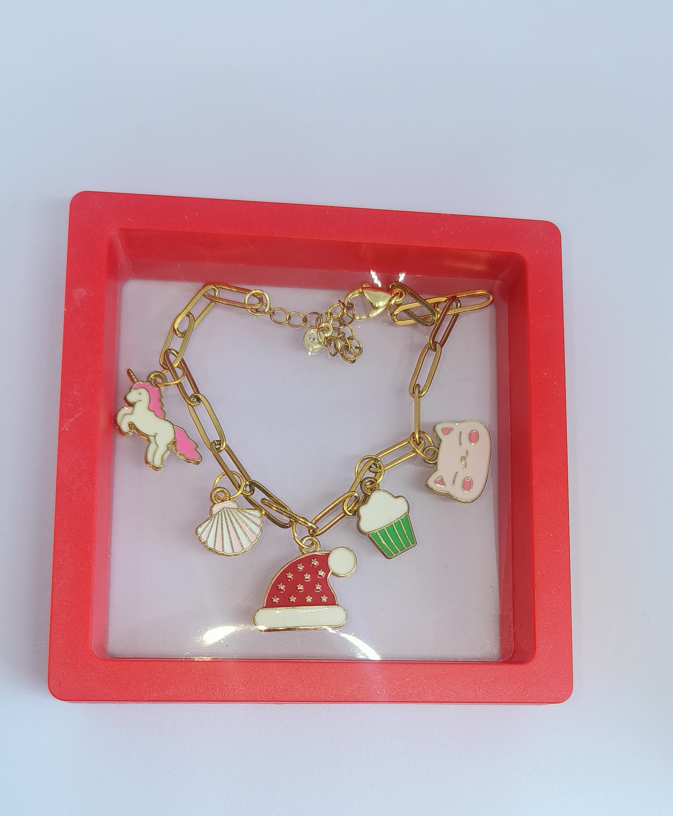 Five Cute Enamel Charms Bracelet Santa red cap unicorn