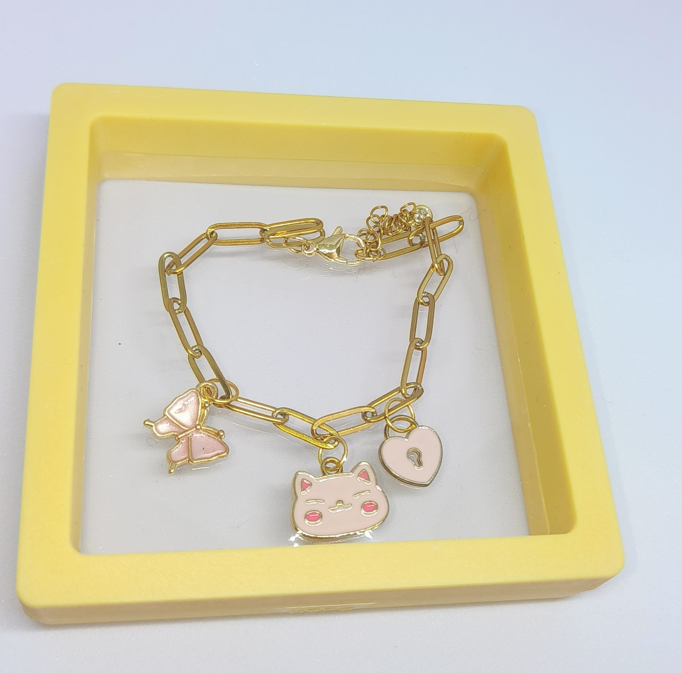 Three Cute Enamel Charms Bracelet pink butterfly heart