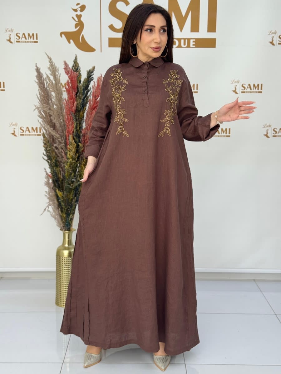 Embroidered Chocolate Linen Maxi Dress