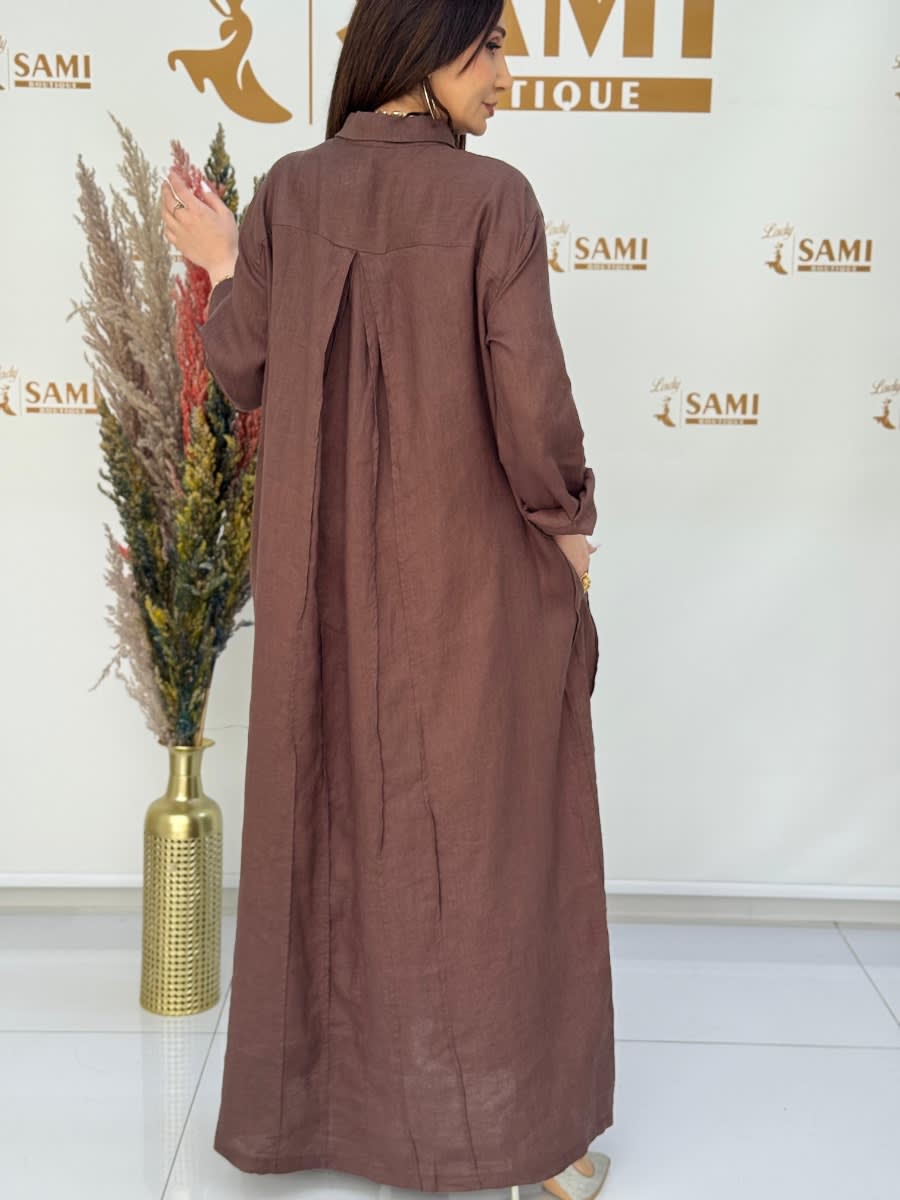 Embroidered Chocolate Linen Maxi Dress 5