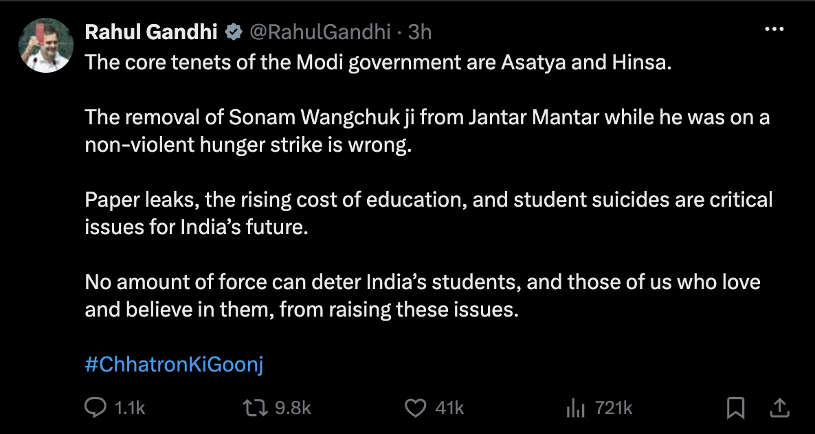 Rahul Gandhi, Leader of the Opposition of Lok Sabha, on removal of Sonam Wangchuk from CJP protest.