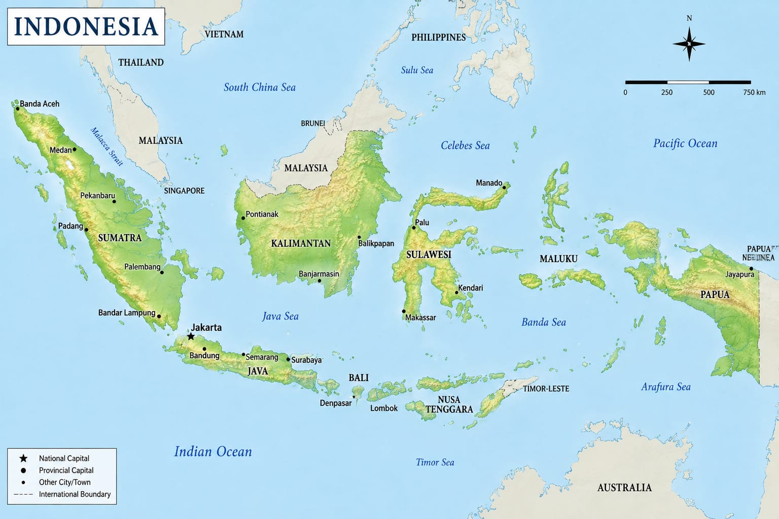 Indonesia, a vast island country straddling Southeast Asia and Oceania, located along the equator between the Indian and Pacific Oceans.