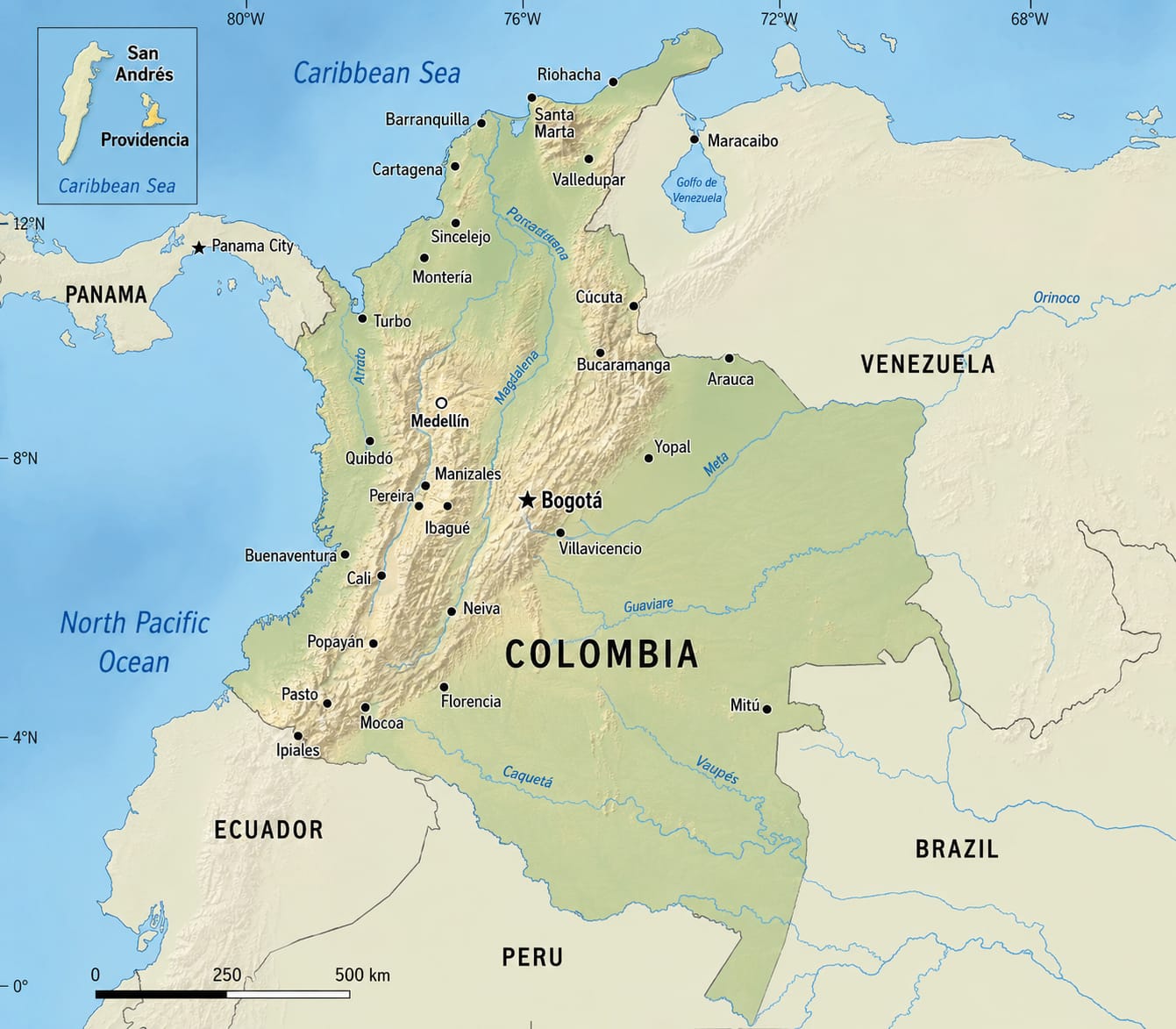 Colombia Country in South America. It Borders with Panama, Venezuela, Brazil, Peru, and Ecuador.