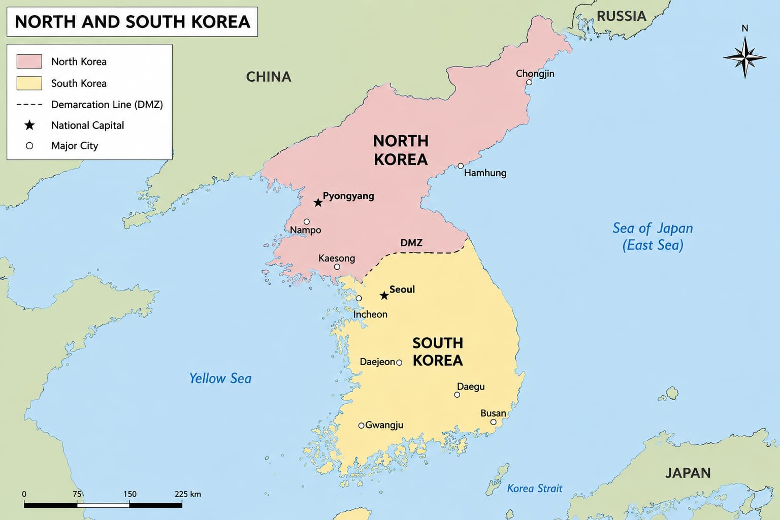 Korean Peninsula: North Korea and South Korea divided by the DMZ.; AI Representation