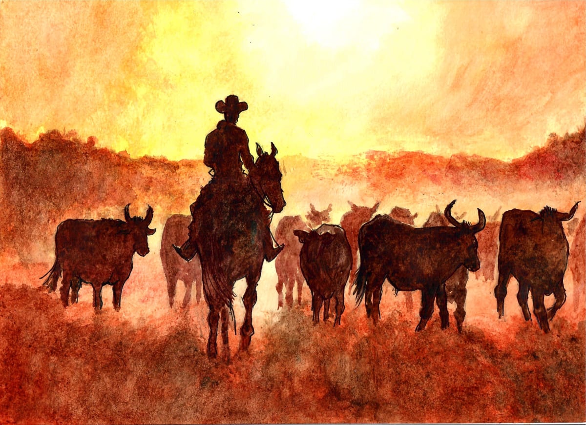 Watercolor and ink painting of cattle herding at sunset