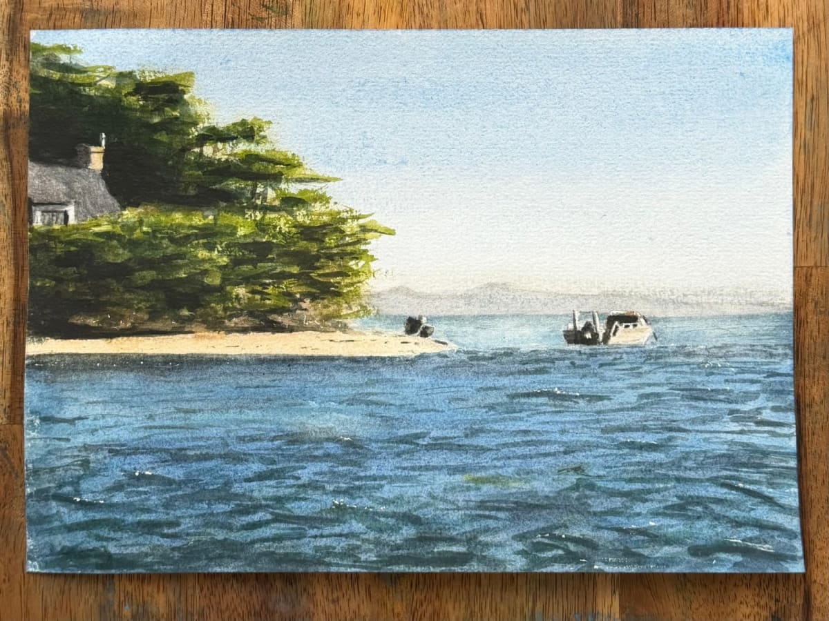 Watercolor landscape of Brittany village and boat, Stibiden, A5