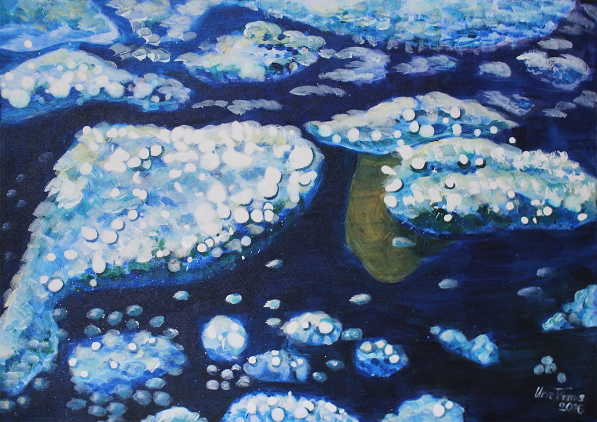 Acrylic painting of ice breakup on cold water, seascape study