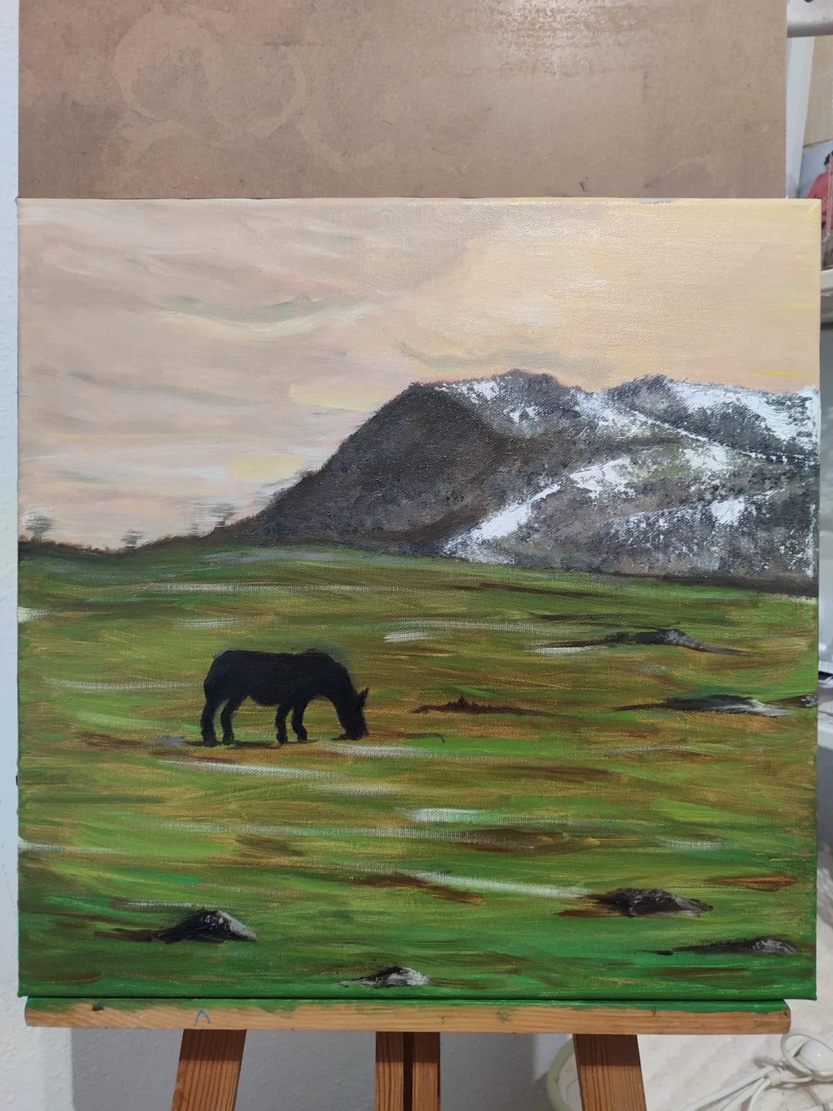 Oil painting of an Asturcon horse in a windswept landscape
