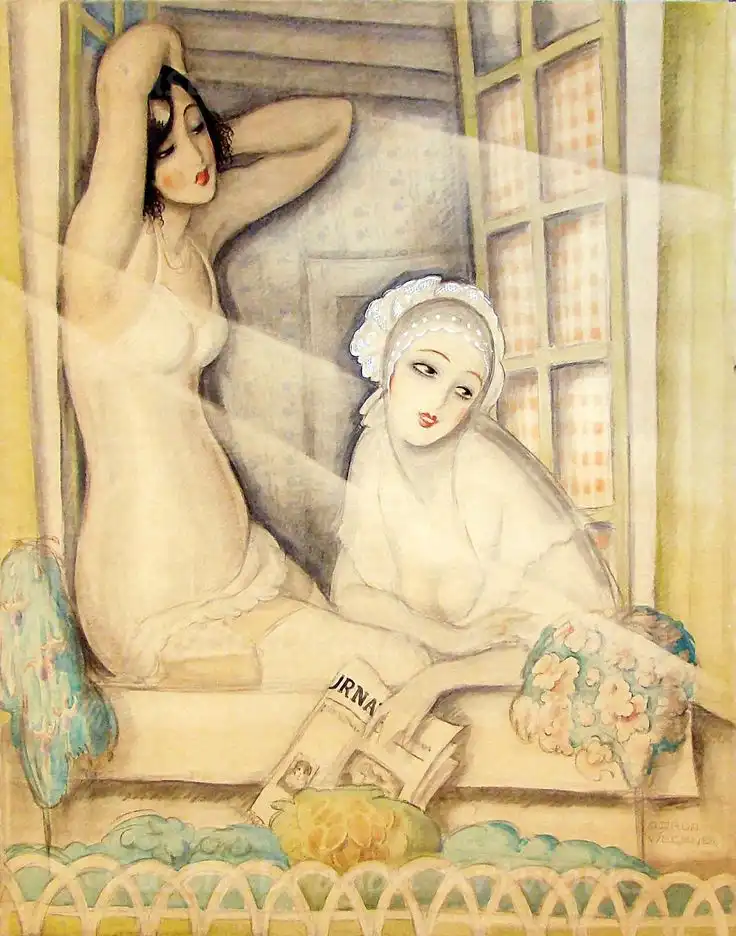 447e7c3123eeb9e3bcfe7c189bfb8140 gerda wegener: Gerda Wegener, Two Women in a Window, c. 1920, private collection. Artnet.