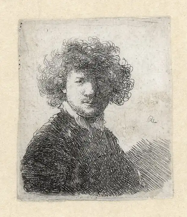 extra-4-oktober-1 rembrandt house Rembrandt, Self-Portrait with curly hair, c. 1629. Etching (state II), 56 x 49 mm., Amsterdam, The Rembrandt House Museum.