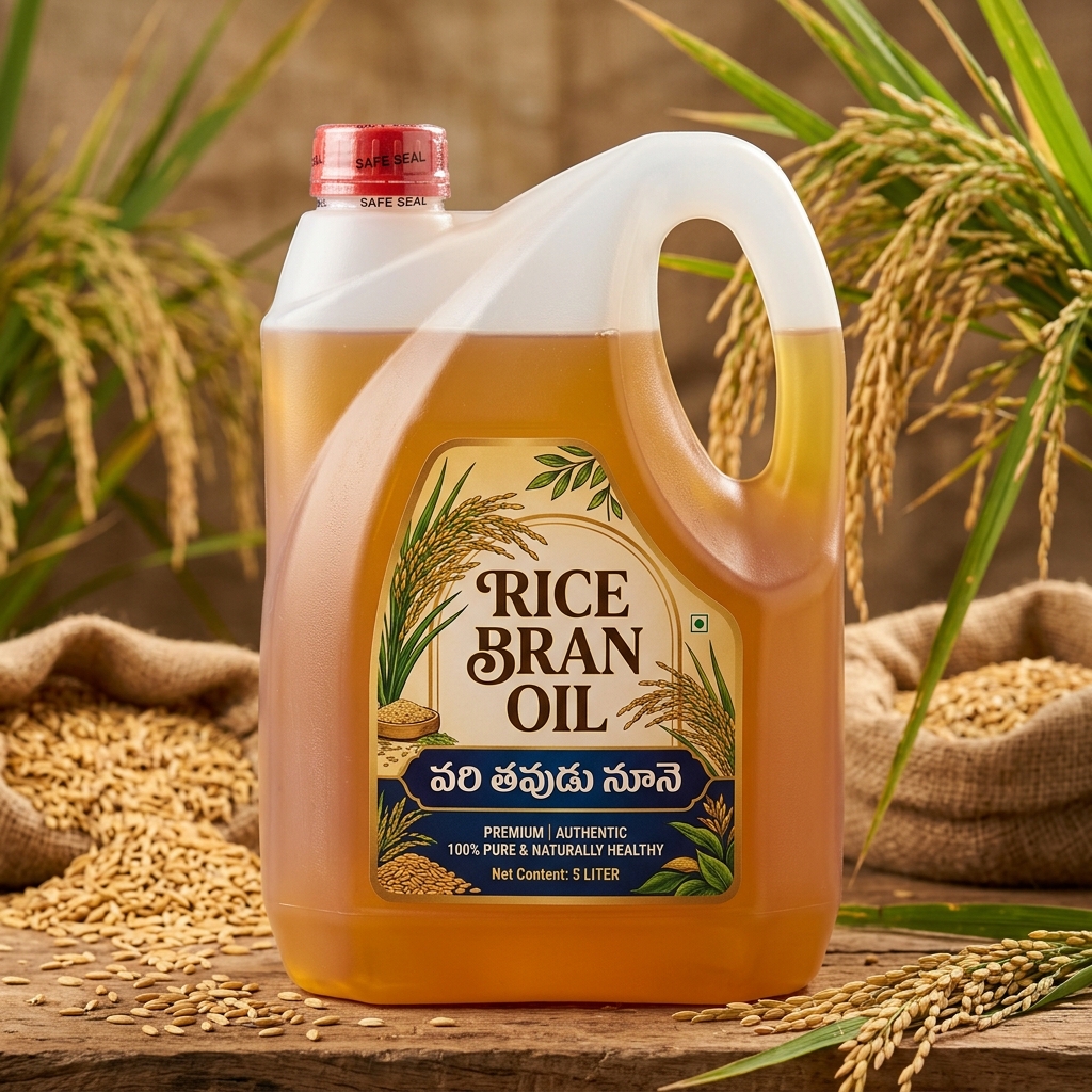 Cold Pressed Rice Bran Oil (చెక్క గానుగ వరి తవుడు నూనె)