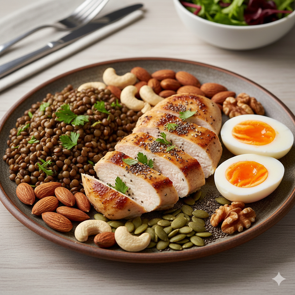 Plato saludable lleno de proteína que proviene del pollo a la plancha, lentejas, huevo cocido y mezcla de frutos secos