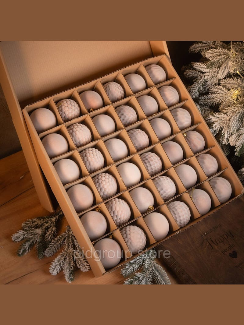 Набір ялинкових кульок «Оксамитовий дует» Бежевий Нюд — 36 шт