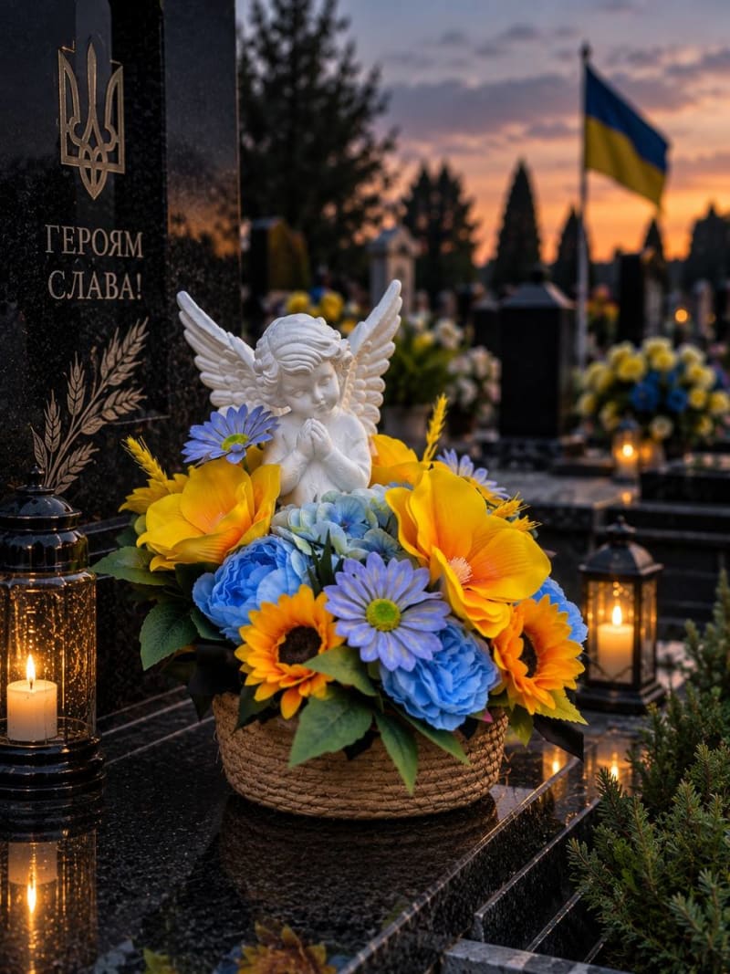 Меморіальна композиція з Ангелом у кошику синьо-жовта на Алею Слави - 1