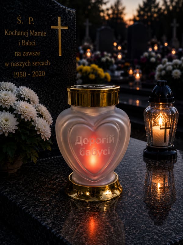 Матова скляна лампадка-серце з гравіюванням «Дорогій бабусі» на могилі