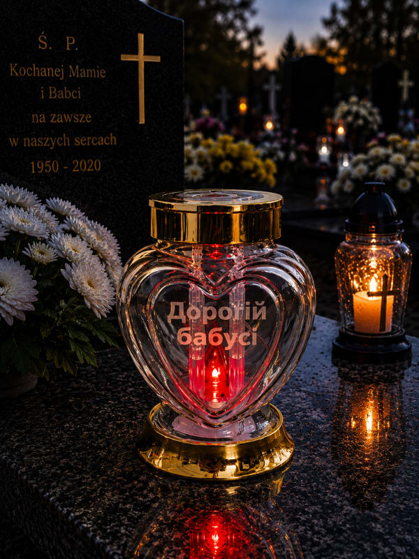 Прозора лампадка-серце із золотом і гравіюванням «Дорогій бабусі»