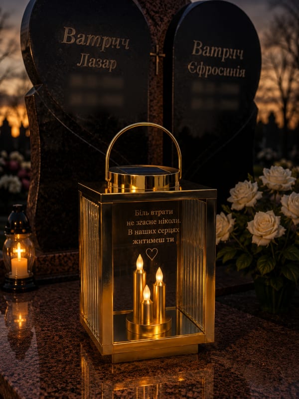 Золотий скляний ліхтар із трьома свічками та гравіюванням слів пам’яті