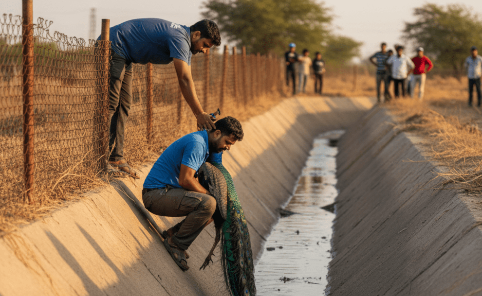 Daring Rescue Saves Thirsty Peacock Trapped in Jaipur Canal