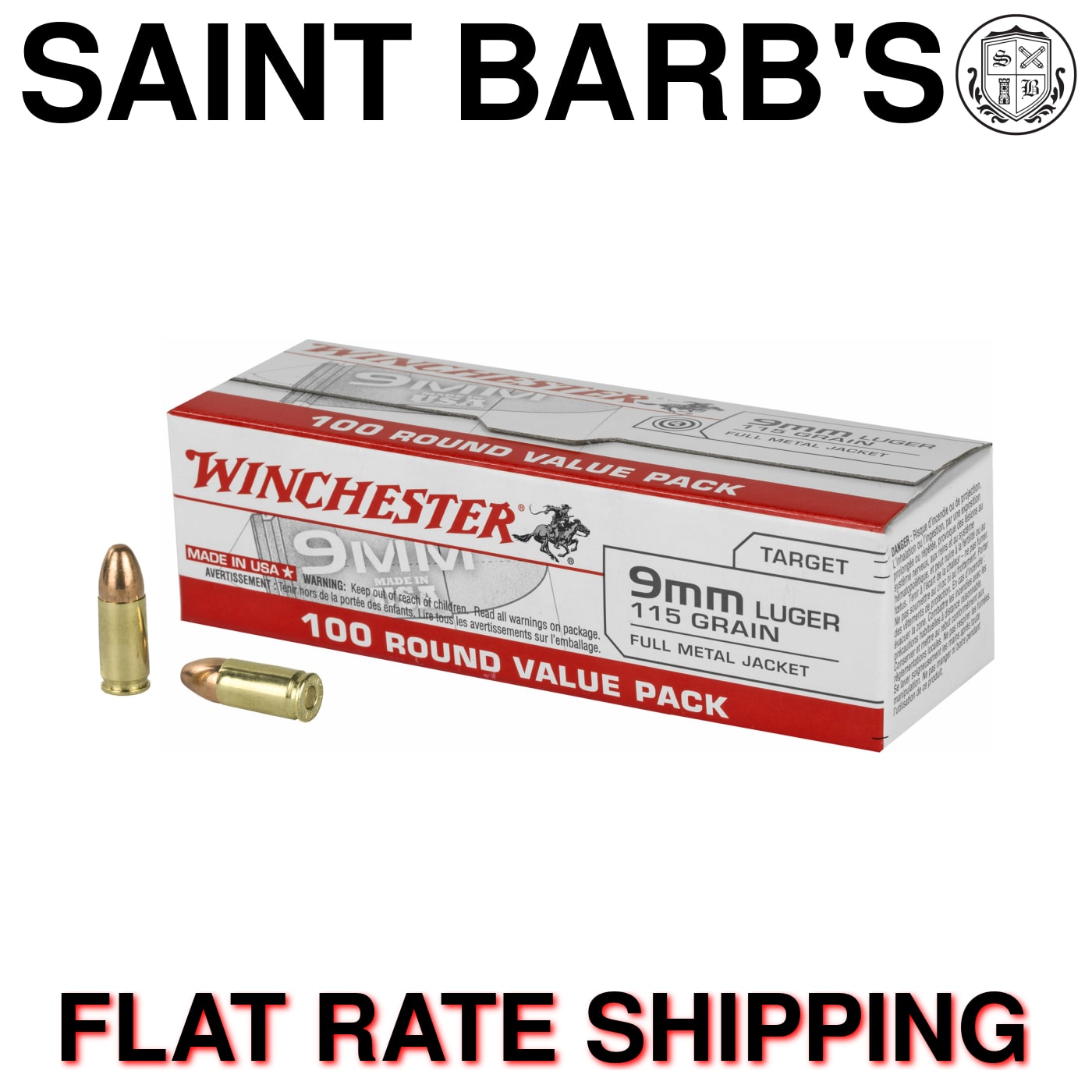 Winchester USA 9mm 115 Grain Full Metal Jacket (FMJ) - 100 Rounds-img-0