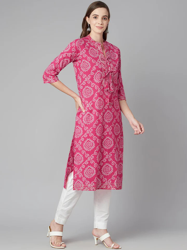 Pink Bandhej Straight Kurta