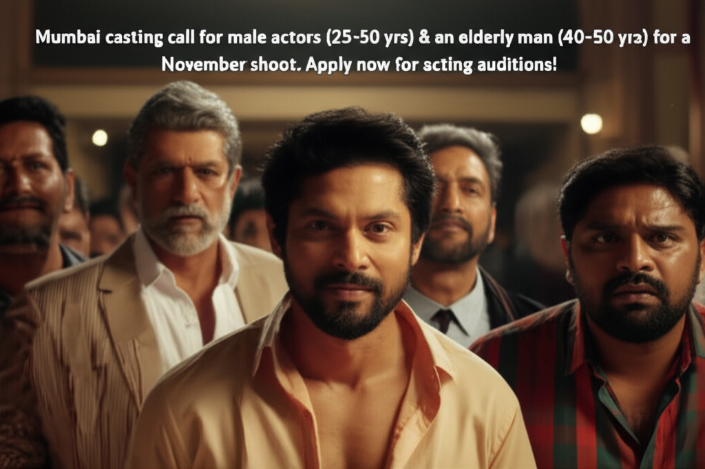 Mumbai casting call for male actors (25-50 yrs) & an elderly man (40-50 yrs) for a November shoot. Apply now for acting auditions!