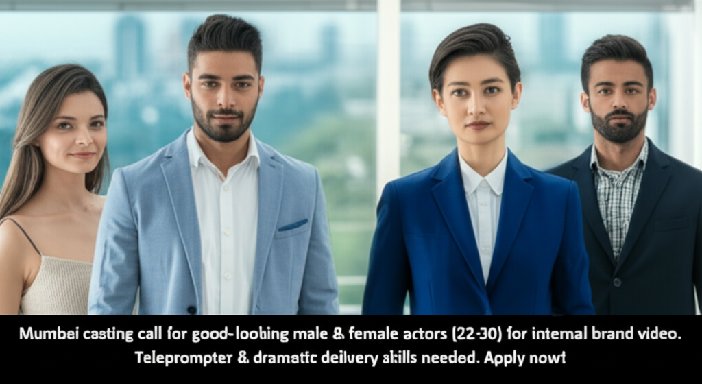 Mumbai casting call for good-looking male & female actors (22-30) for internal brand video. Teleprompter & dramatic delivery skills needed. Apply now!